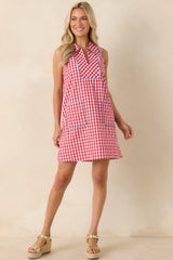Summer Side Dish Red Gingham Cotton Mini Shift Dress
