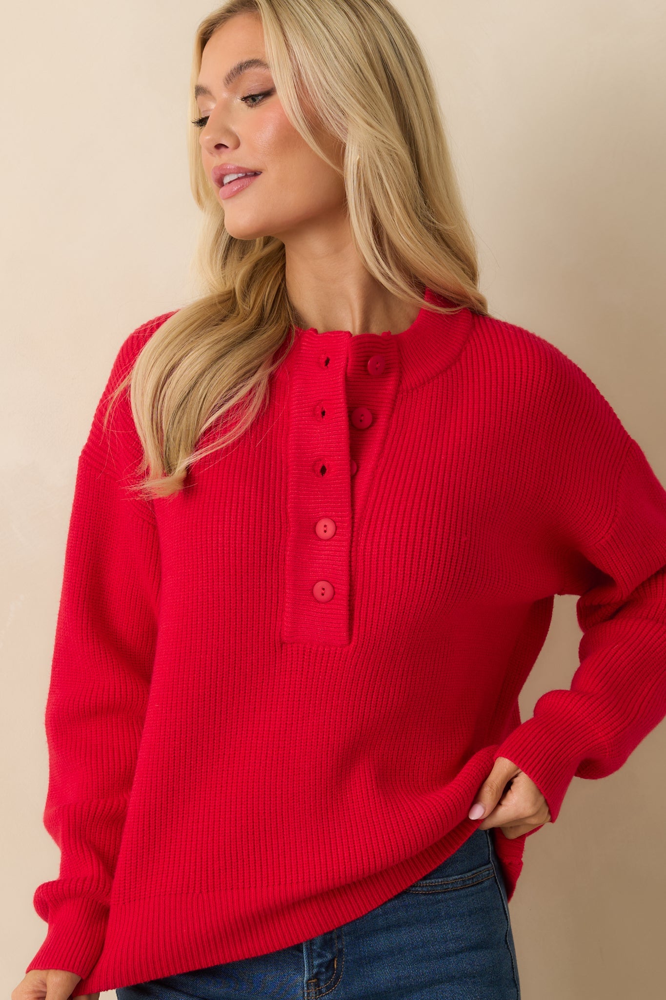 Warm Whimsy Red Knit Button Top Pullover Sweater