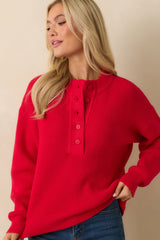 Warm Whimsy Red Knit Button Top Pullover Sweater