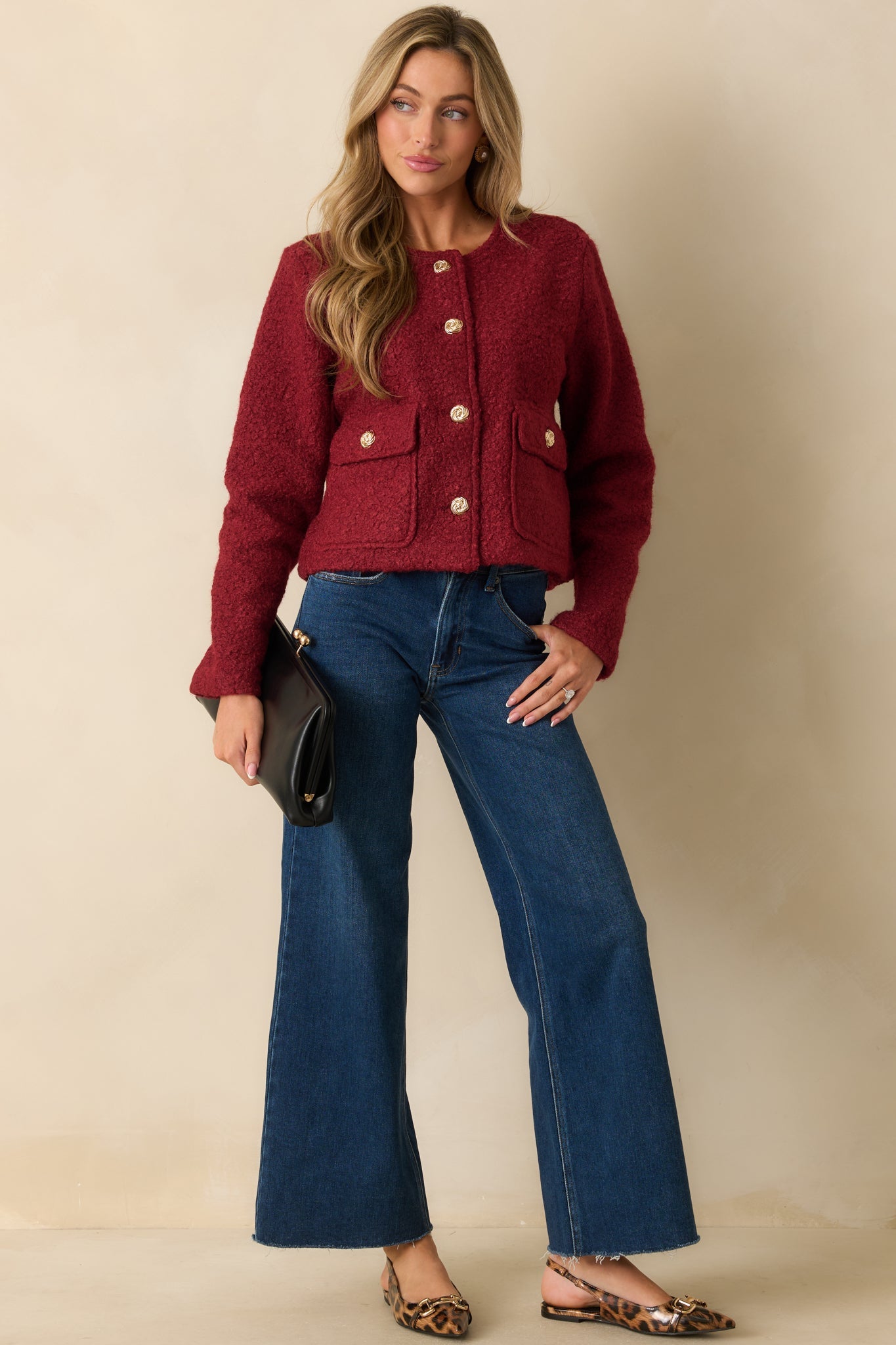 Whispered Warmth Cherry Red Bouclé Button Front Jacket