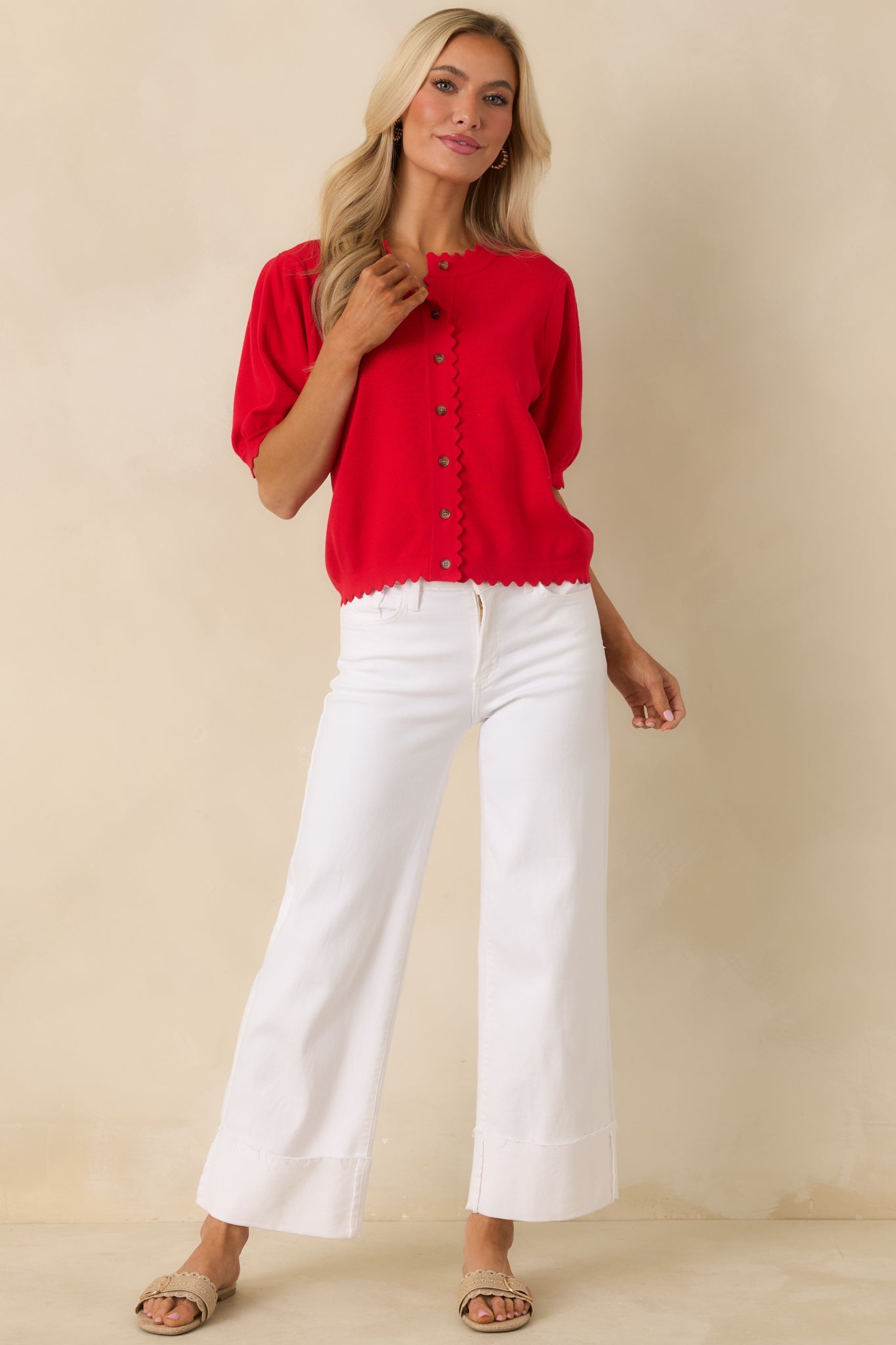 Simply So Cute Red Knit Scalloped Edge Puff Sleeve Button Up Cardigan