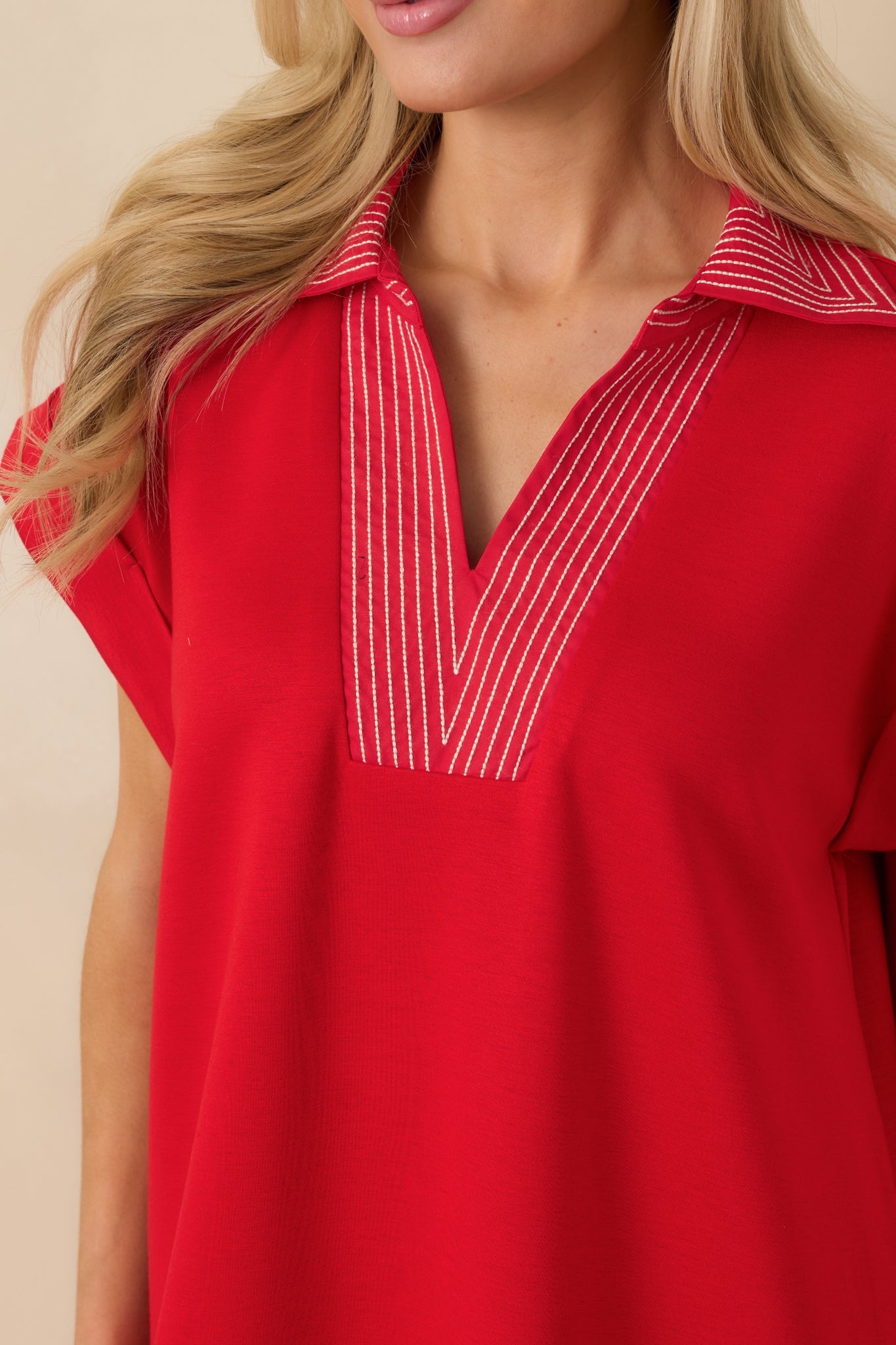 Let It Play Out Red Knit Contrast Detail V-Neck Short Sleeve Midi Dress