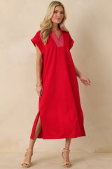 Let It Play Out Red Knit Contrast Detail V-Neck Short Sleeve Midi Dress