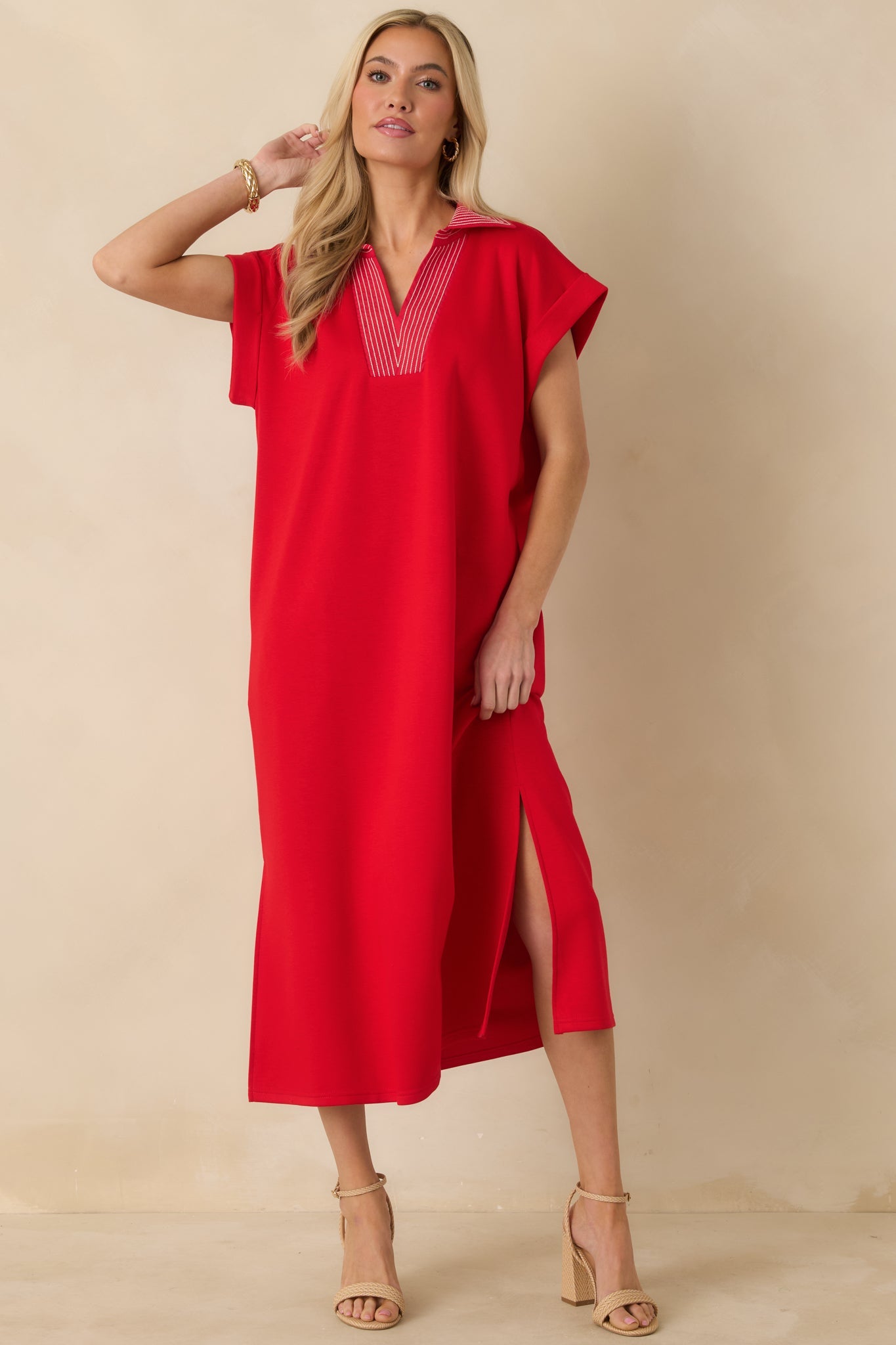 Let It Play Out Red Knit Contrast Detail V-Neck Short Sleeve Midi Dress