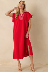Let It Play Out Red Knit Contrast Detail V-Neck Short Sleeve Midi Dress