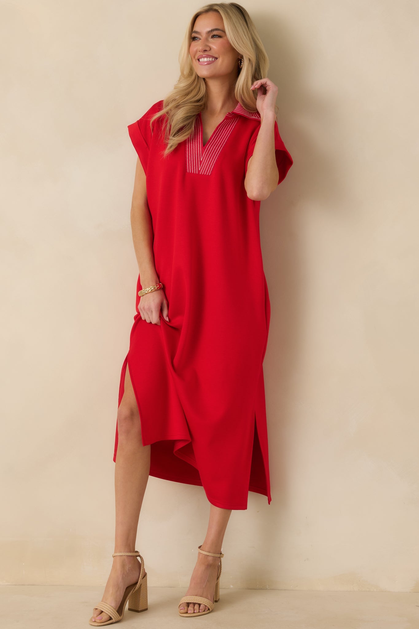 Let It Play Out Red Knit Contrast Detail V-Neck Short Sleeve Midi Dress