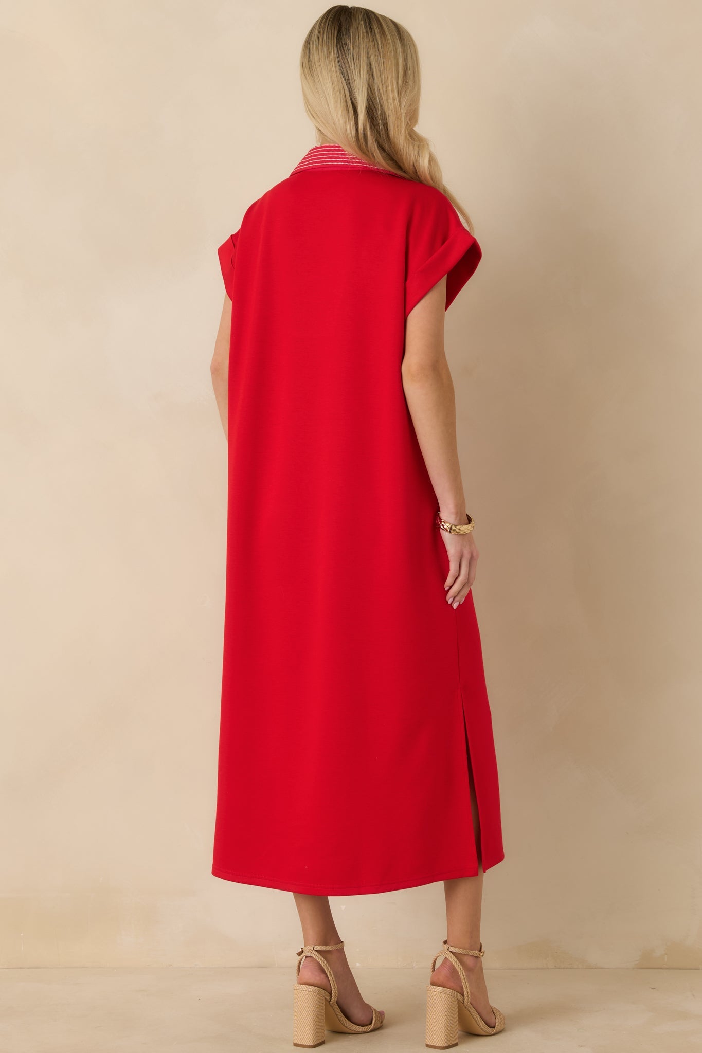 Let It Play Out Red Knit Contrast Detail V-Neck Short Sleeve Midi Dress