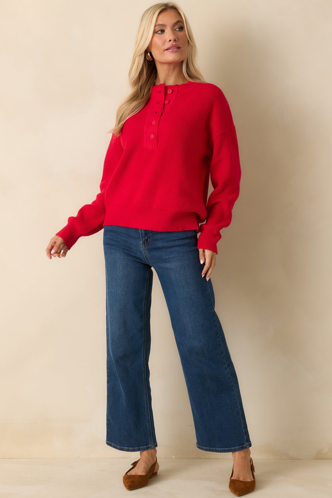 Warm Whimsy Red Knit Button Top Pullover Sweater