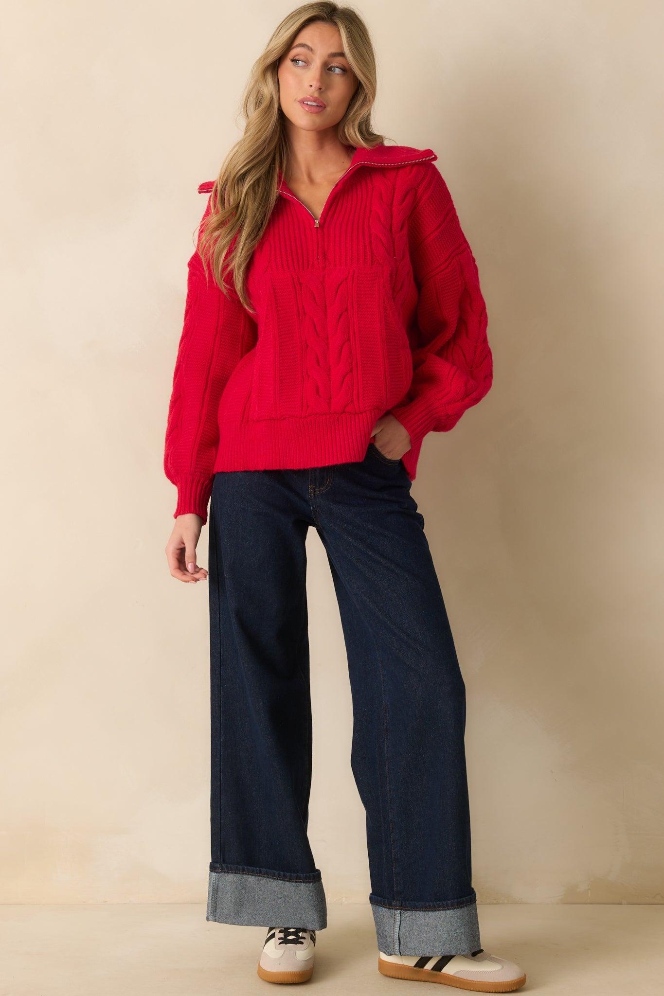 Day After Day Red Cable Knit Quarter Zip Pullover Sweater