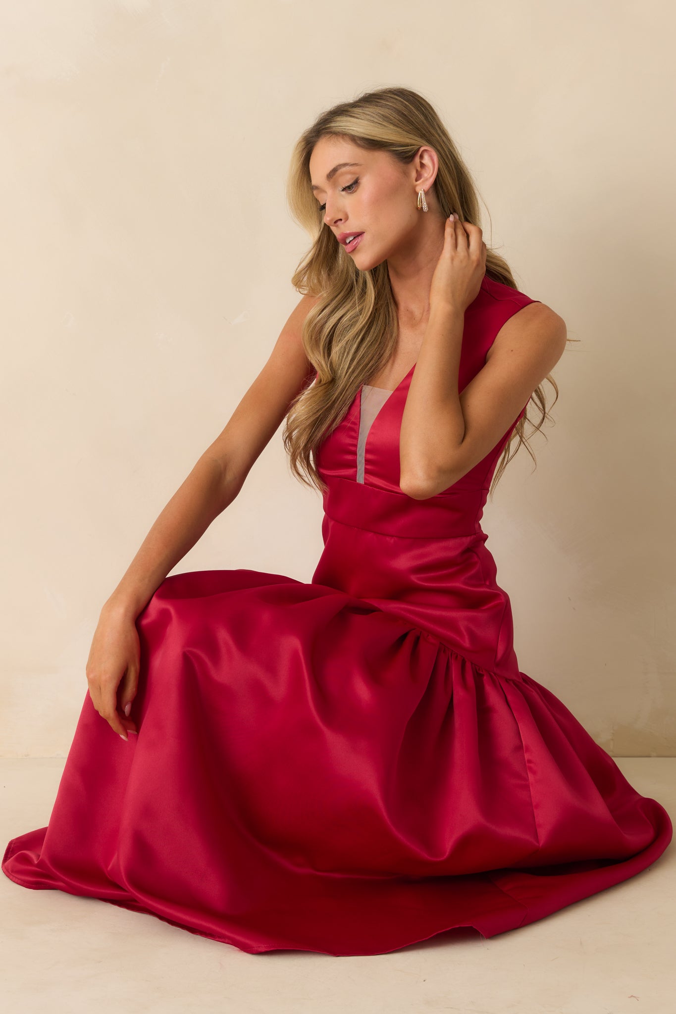 Never Out Of Reach Wine Red Satin Sleeveless Drop Waist Maxi Dress
