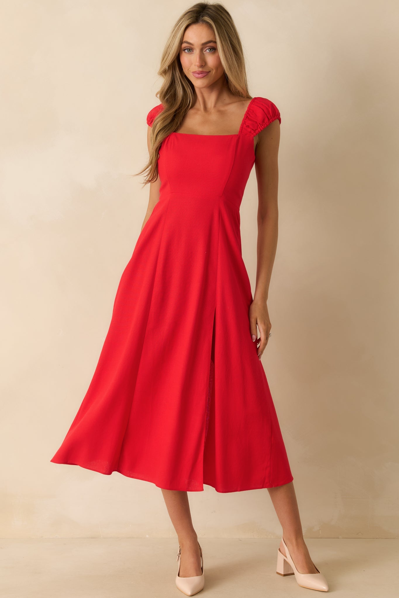 Radiant Reverie Red Linen Midi Dress