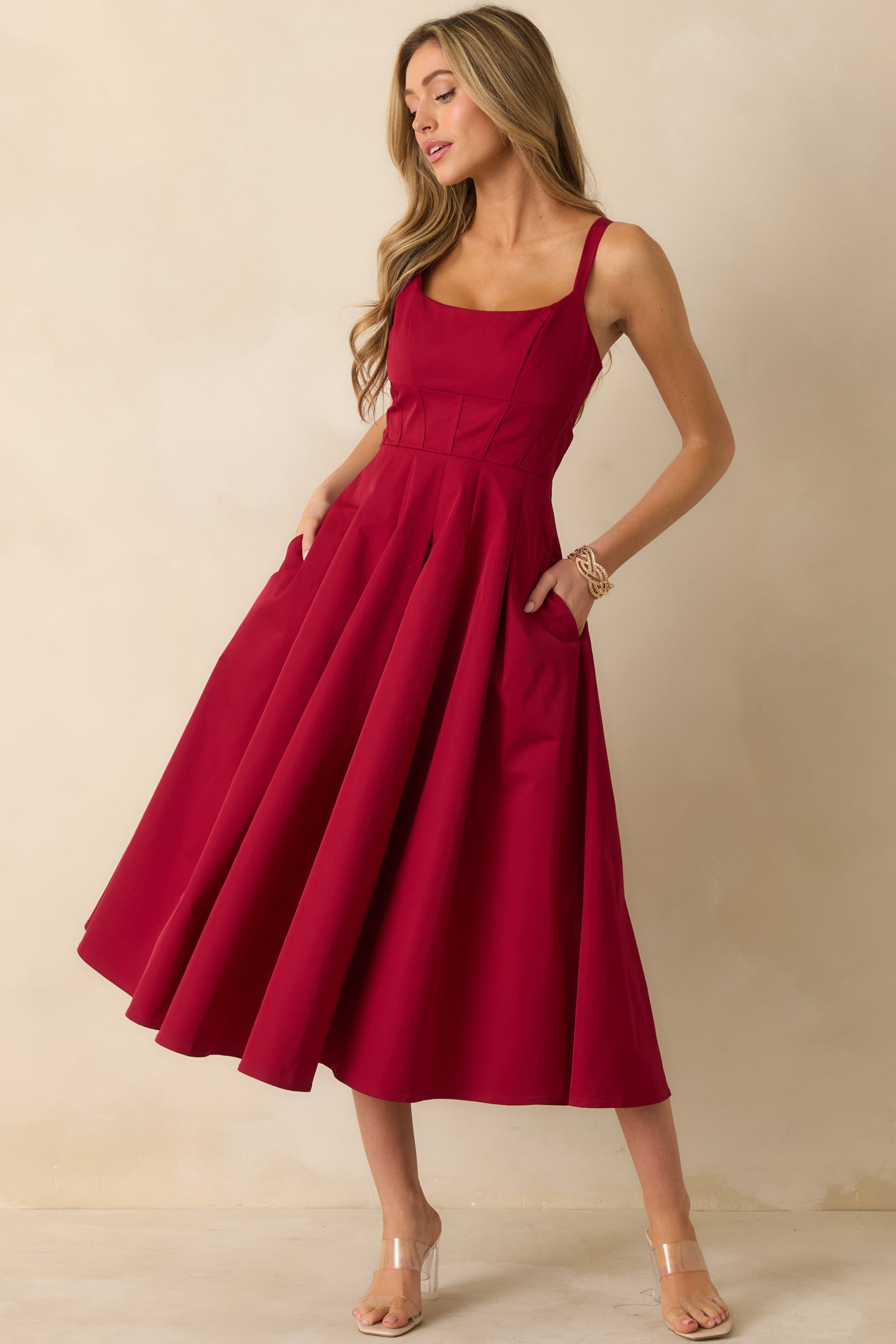 The Spotlight Is Yours Red Pleated Midi Dress