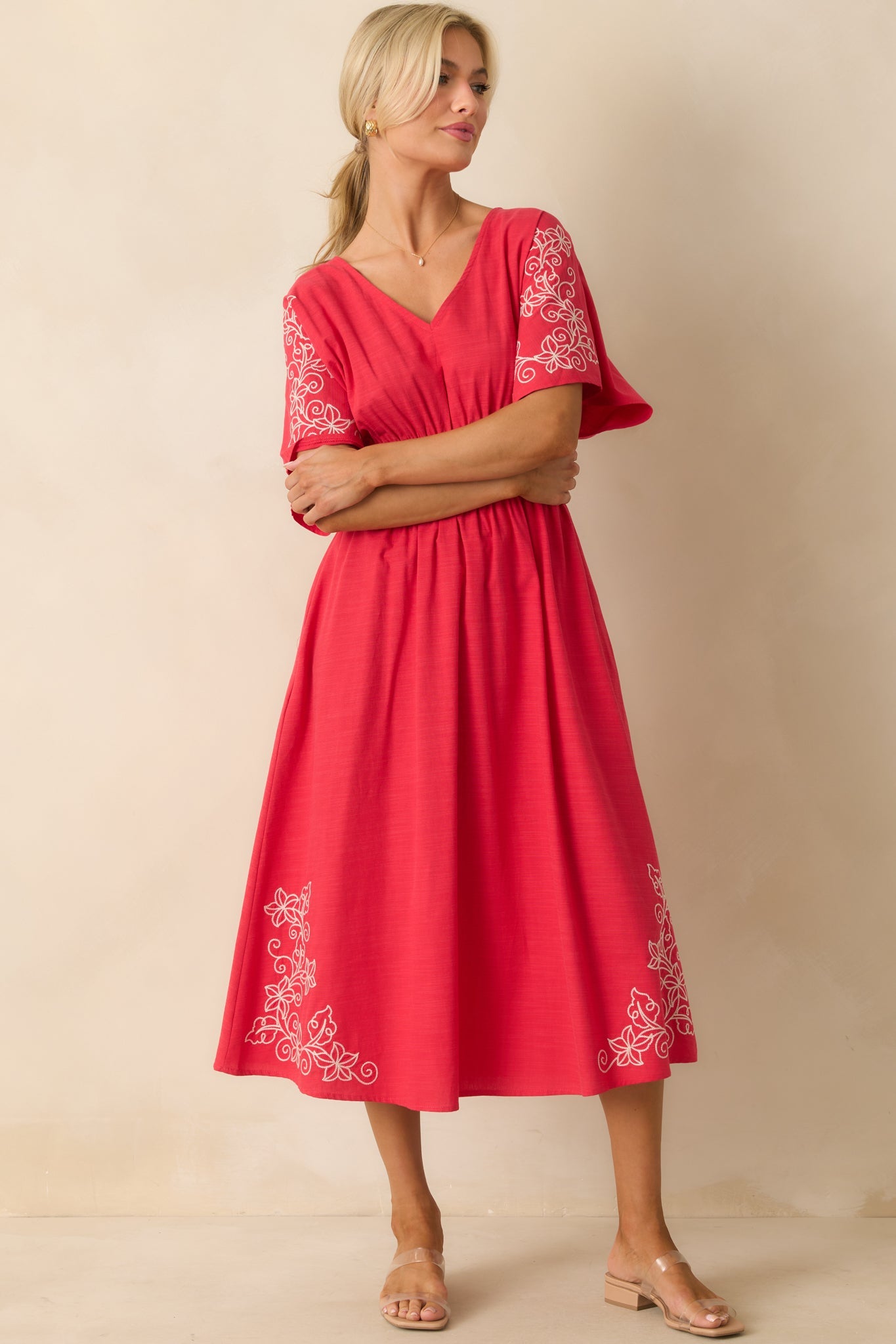 Finding Your Way Red Floral Embroidered Cotton Midi Dress