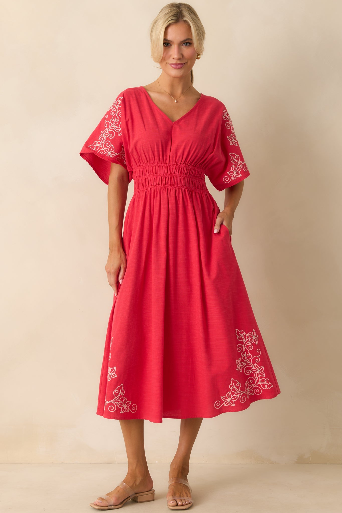 Finding Your Way Red Floral Embroidered Cotton Midi Dress