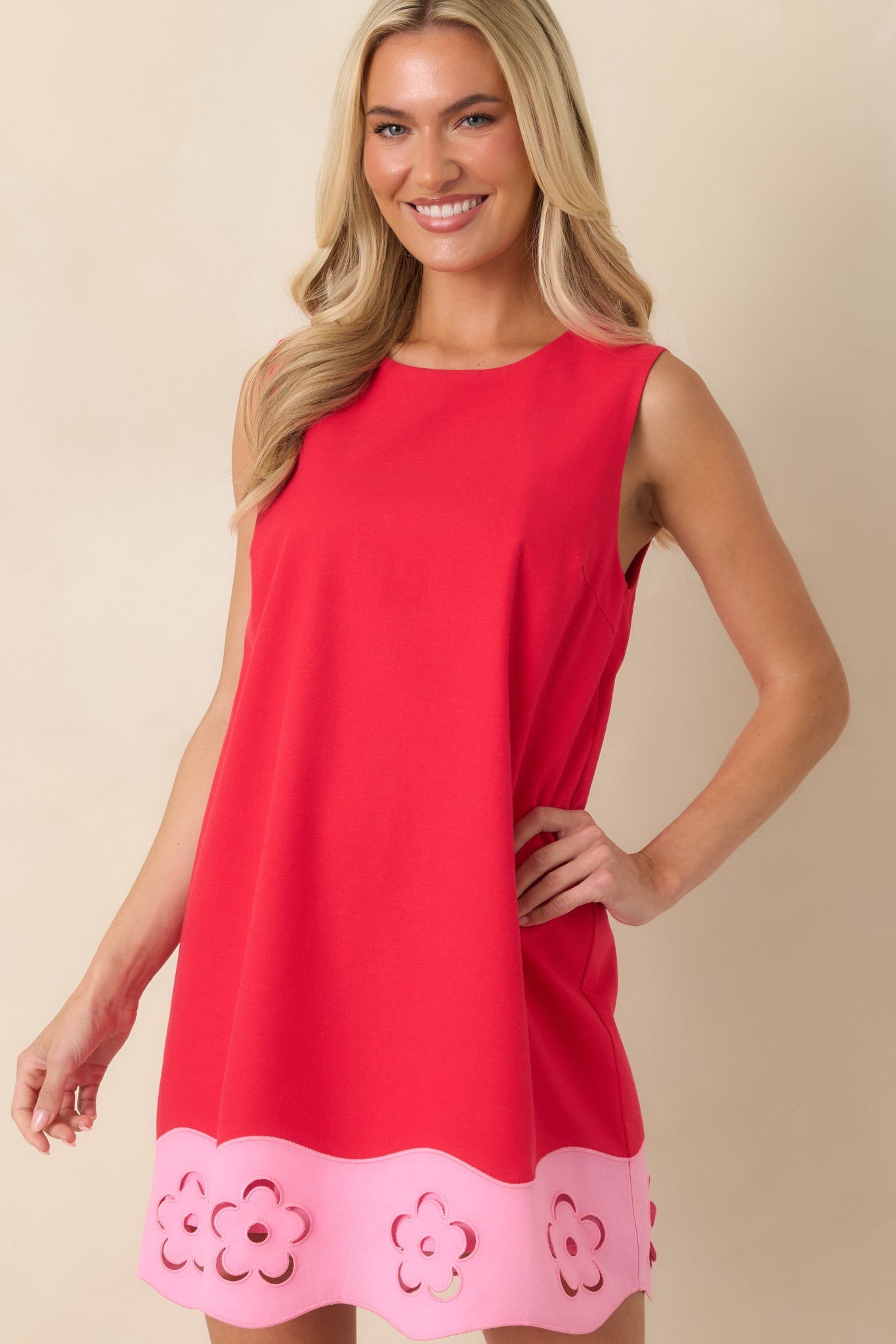 Fresh Cut Flowers Red Floral Detail Sleeveless Mini Dress