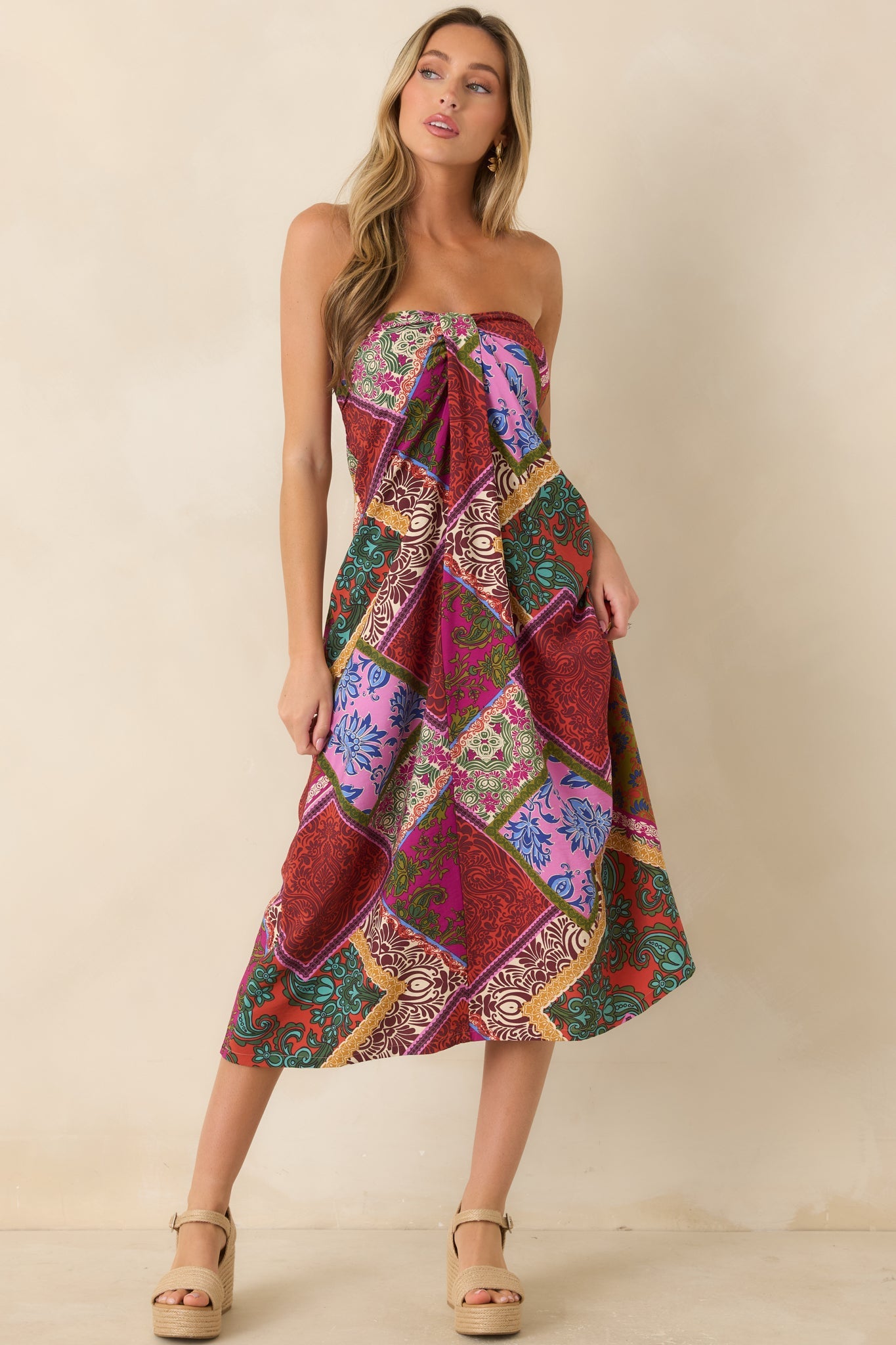 Everyone Knows Red Multi Patchwork Print Rayon Strapless Midi Dress