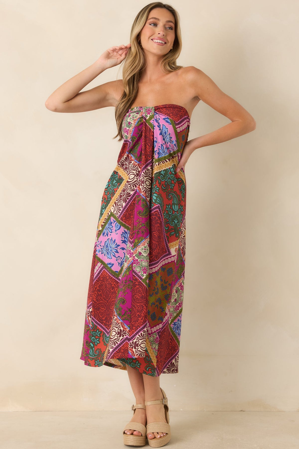 Everyone Knows Red Multi Patchwork Print Rayon Strapless Midi Dress