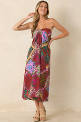 Everyone Knows Red Multi Patchwork Print Rayon Strapless Midi Dress