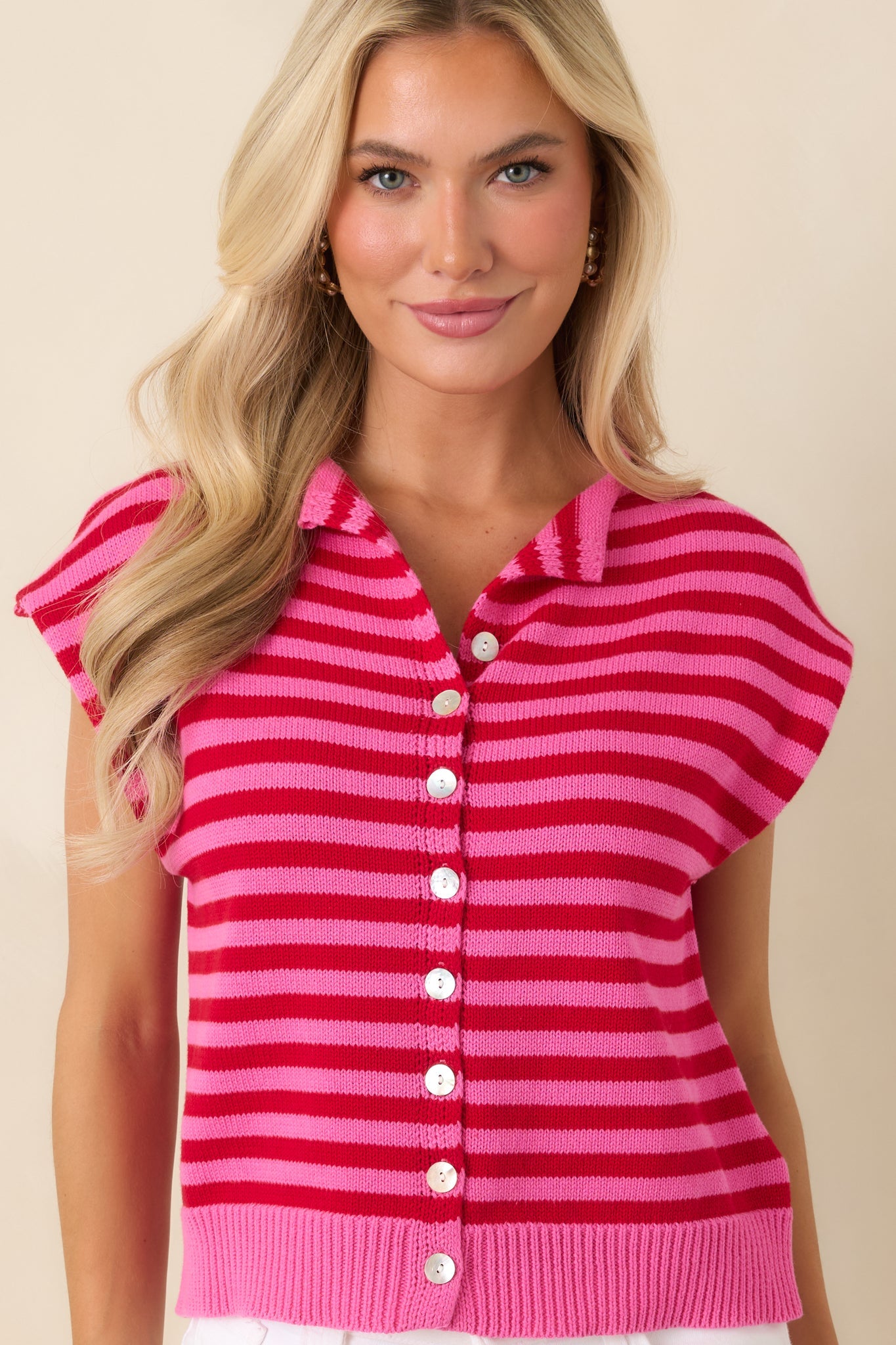It All Lines Up Red & Pink Stripe Knit Cotton Button Front Top