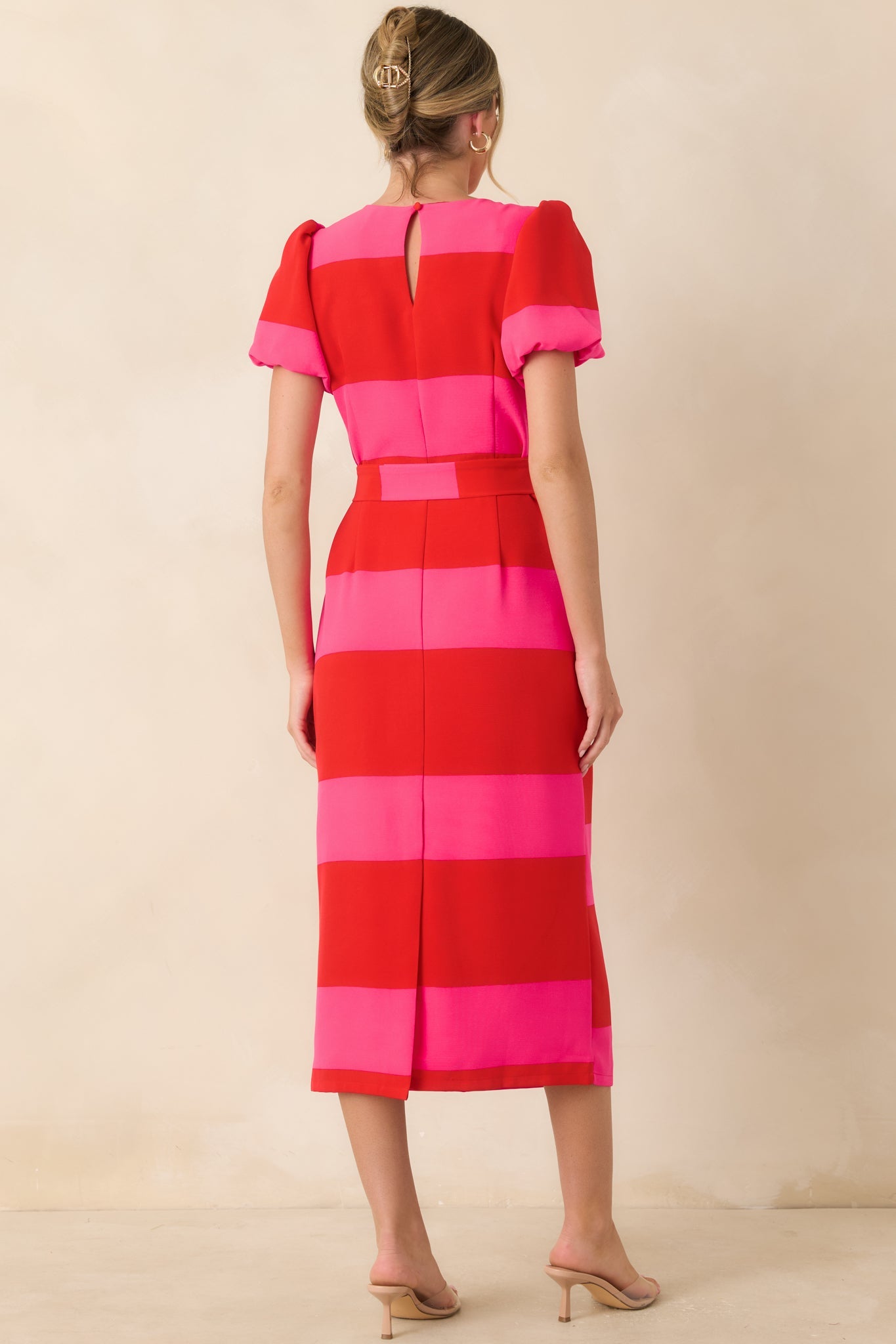 Boldly Yours Red & Pink Stripe Puff Sleeve Midi Dress