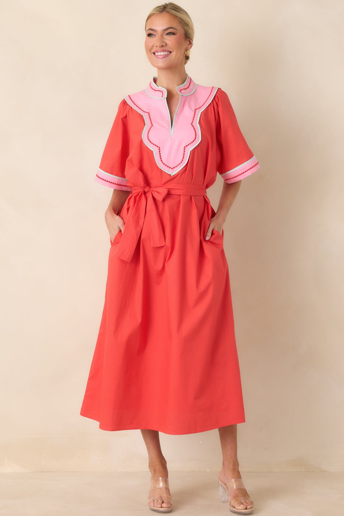 Living Out Loud Poppy Red & Pink Cotton V-Neck Midi Dress
