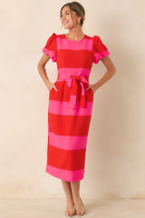 Boldly Yours Red & Pink Stripe Puff Sleeve Midi Dress