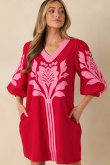 Loving Every Minute Red & Pink Contrast V-Neck Mini Dress