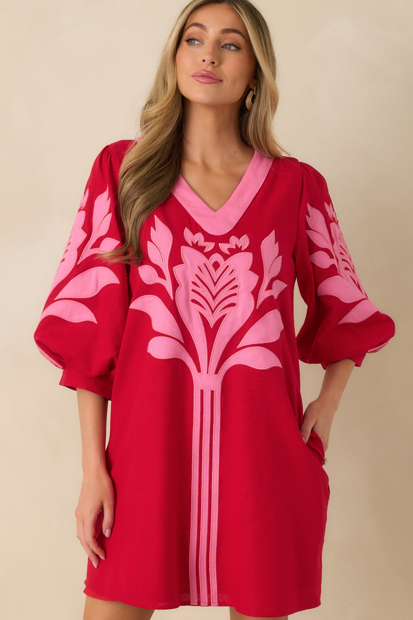Loving Every Minute Red & Pink Contrast V-Neck Mini Dress
