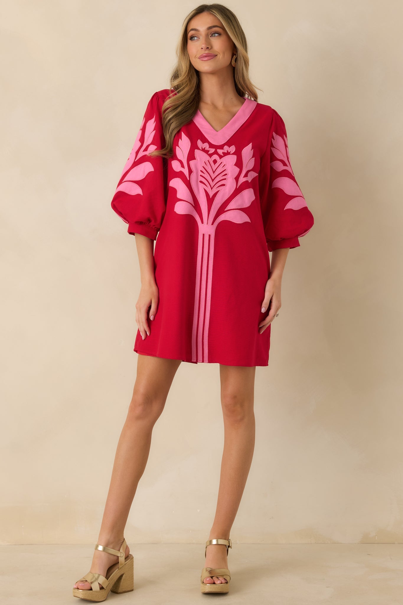 Loving Every Minute Red & Pink Contrast V-Neck Mini Dress