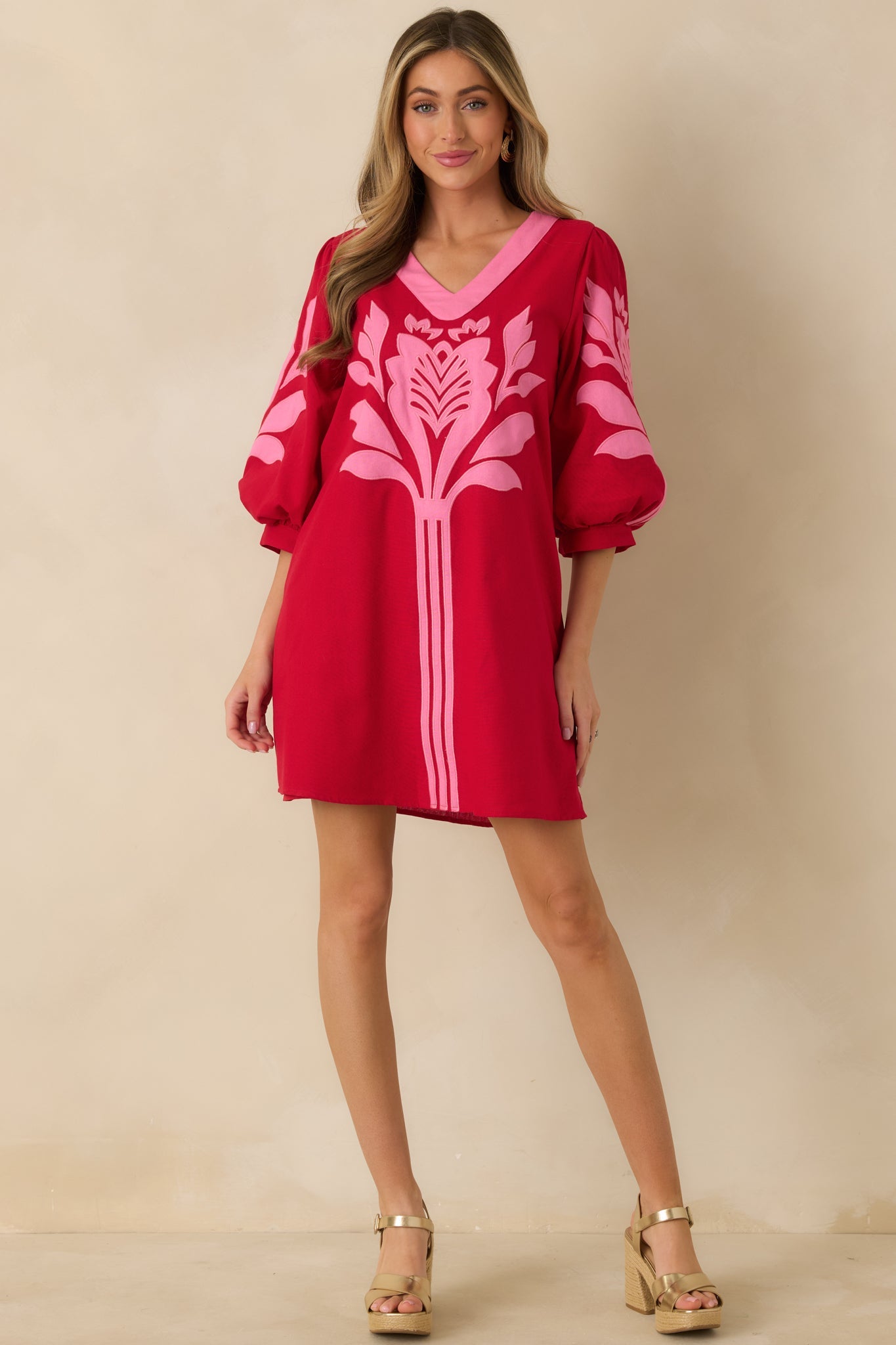 Loving Every Minute Red & Pink Contrast V-Neck Mini Dress