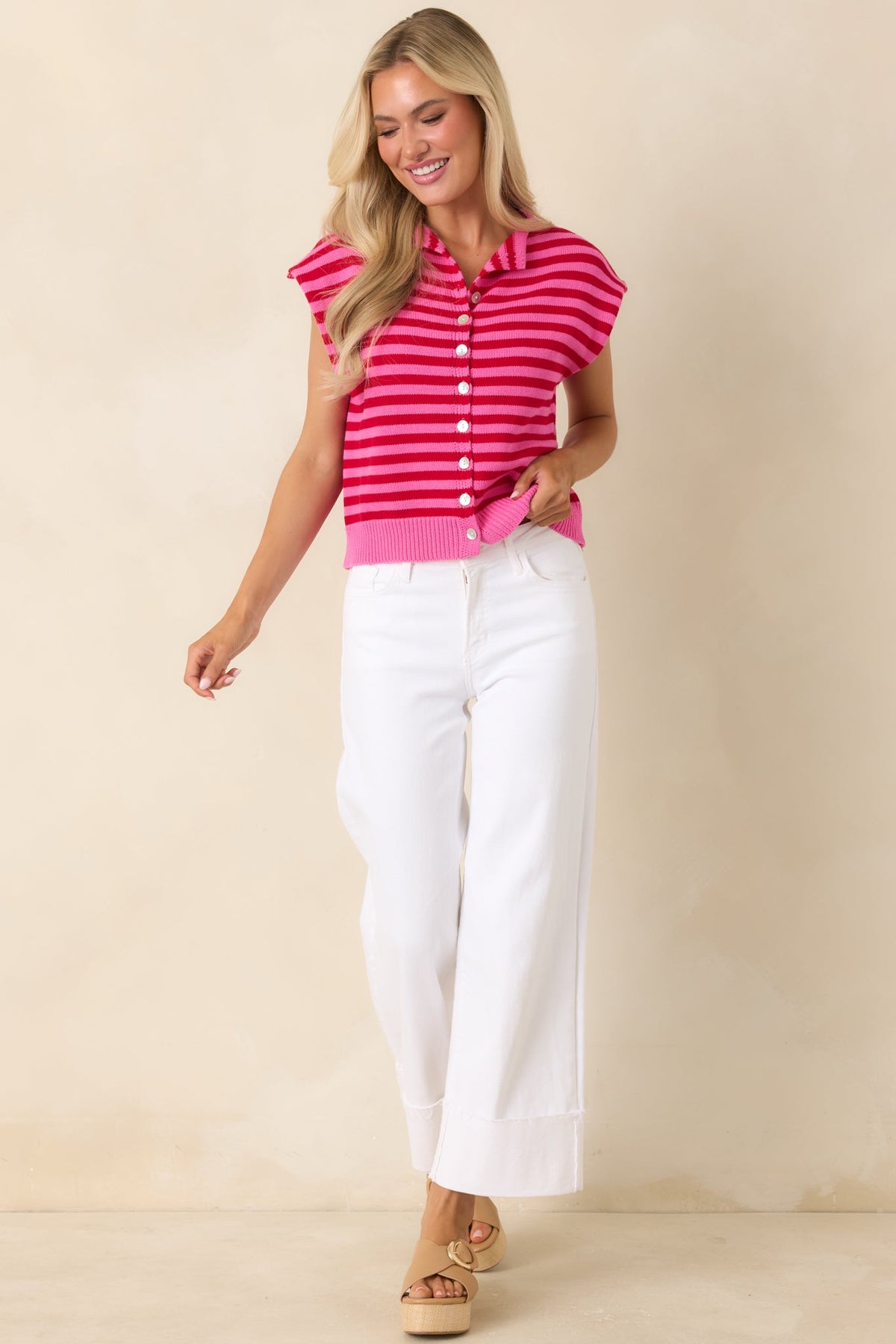 It All Lines Up Red & Pink Stripe Knit Cotton Button Front Top