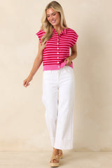 It All Lines Up Red & Pink Stripe Knit Cotton Button Front Top