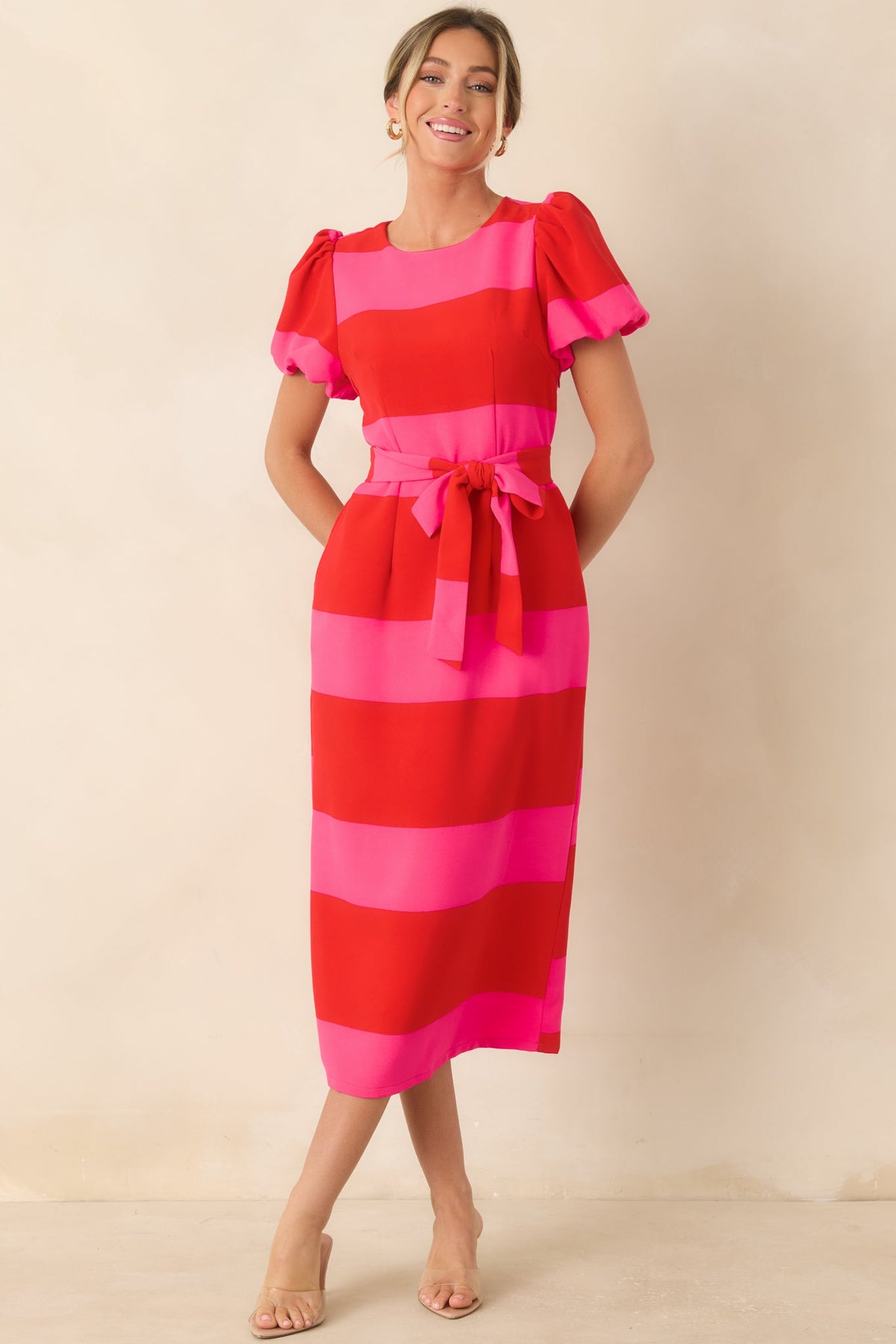 Boldly Yours Red & Pink Stripe Puff Sleeve Midi Dress
