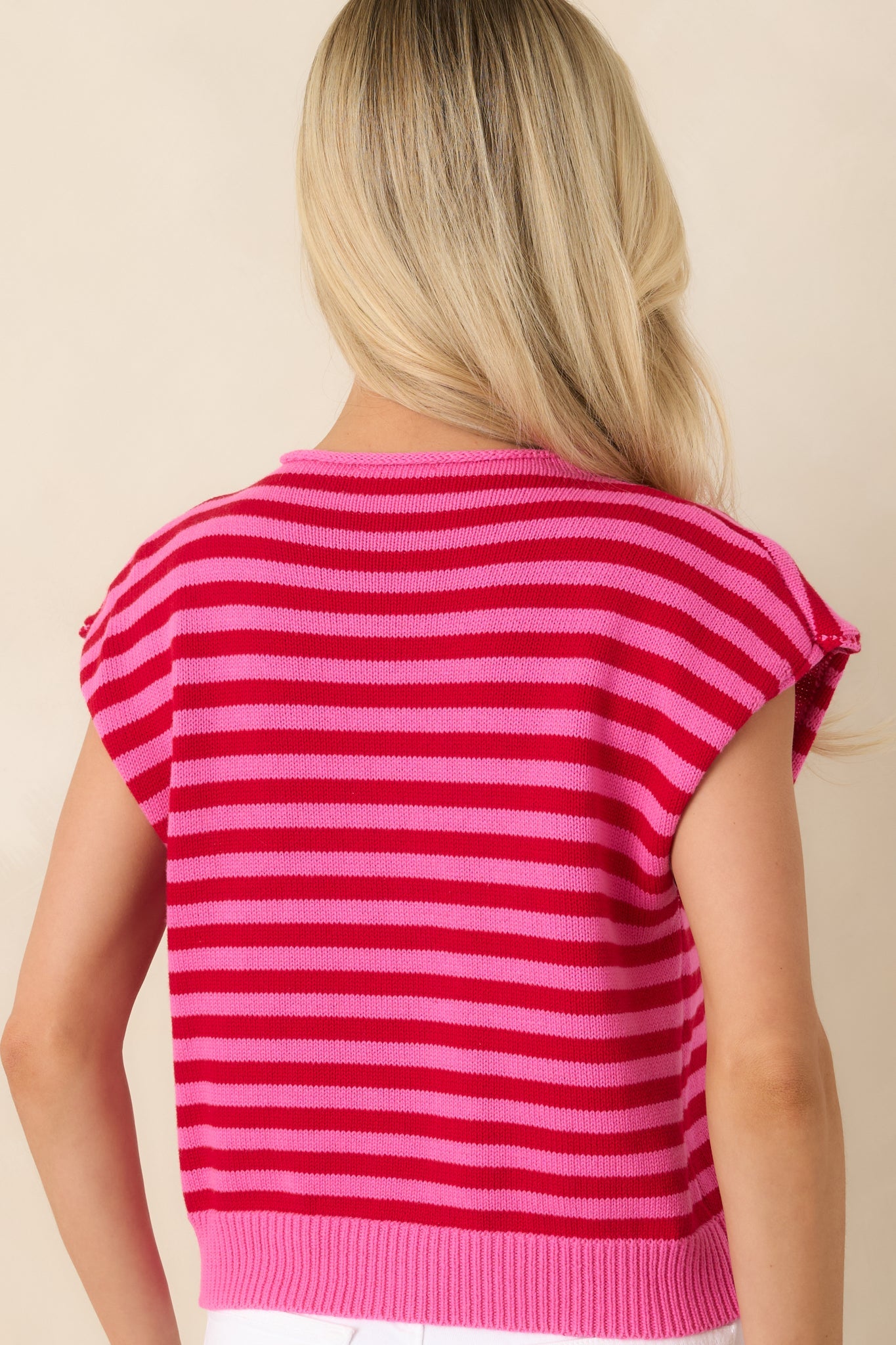 It All Lines Up Red & Pink Stripe Knit Cotton Button Front Top