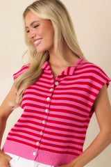 It All Lines Up Red & Pink Stripe Knit Cotton Button Front Top