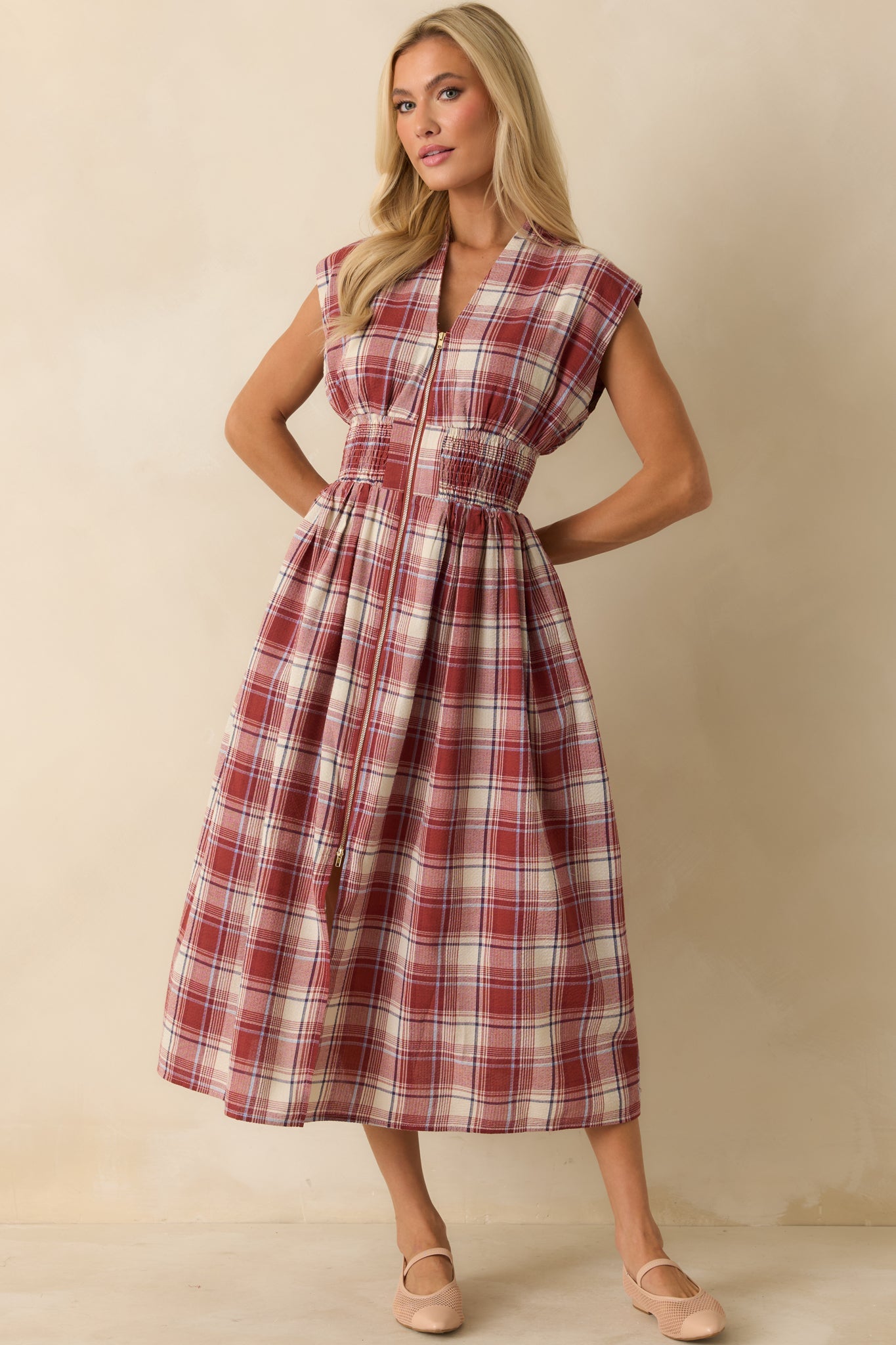 The Evette Red Tartan Plaid Cotton Zip Front Midi Dress