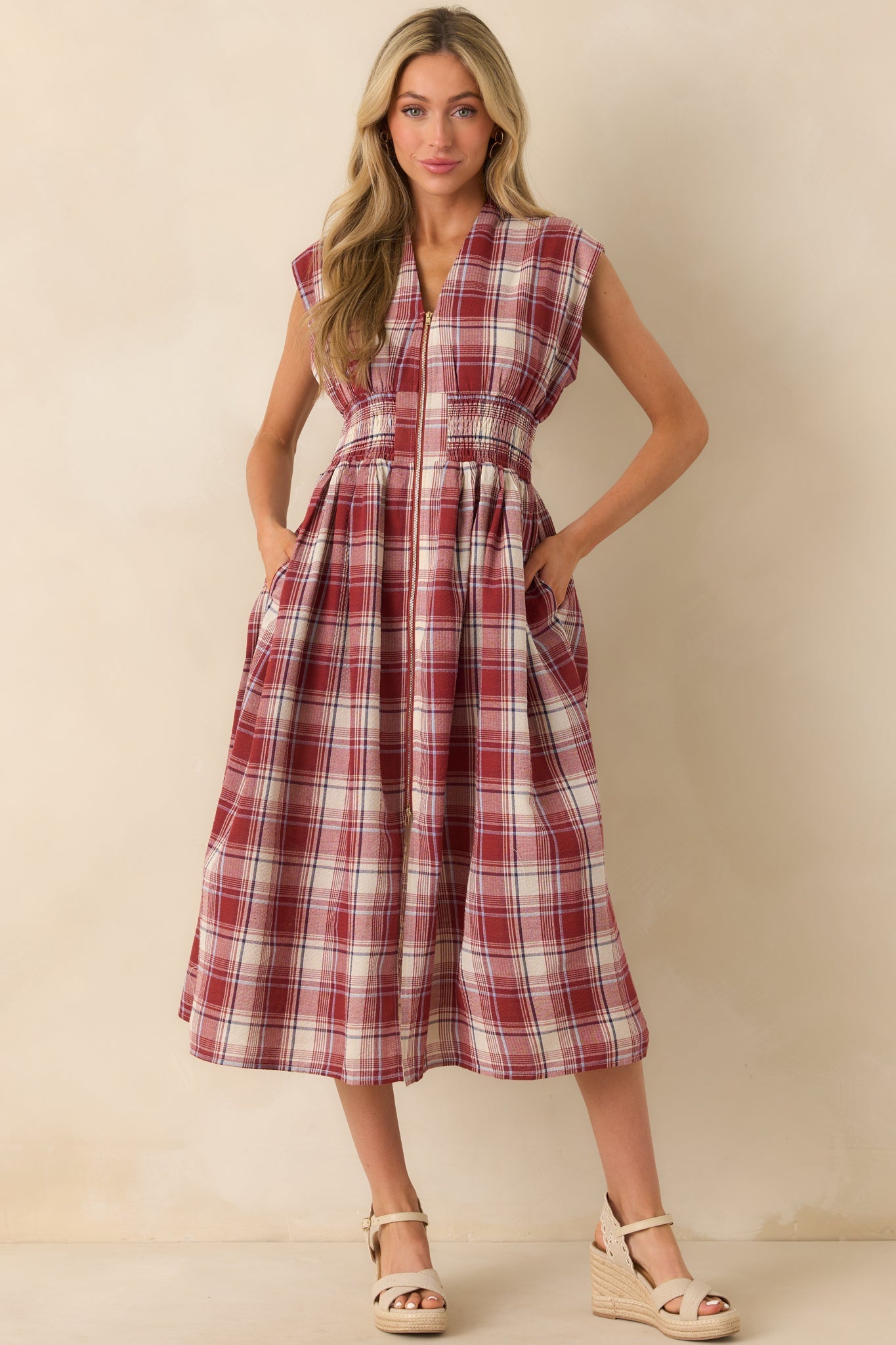 The Evette Red Tartan Plaid Cotton Zip Front Midi Dress