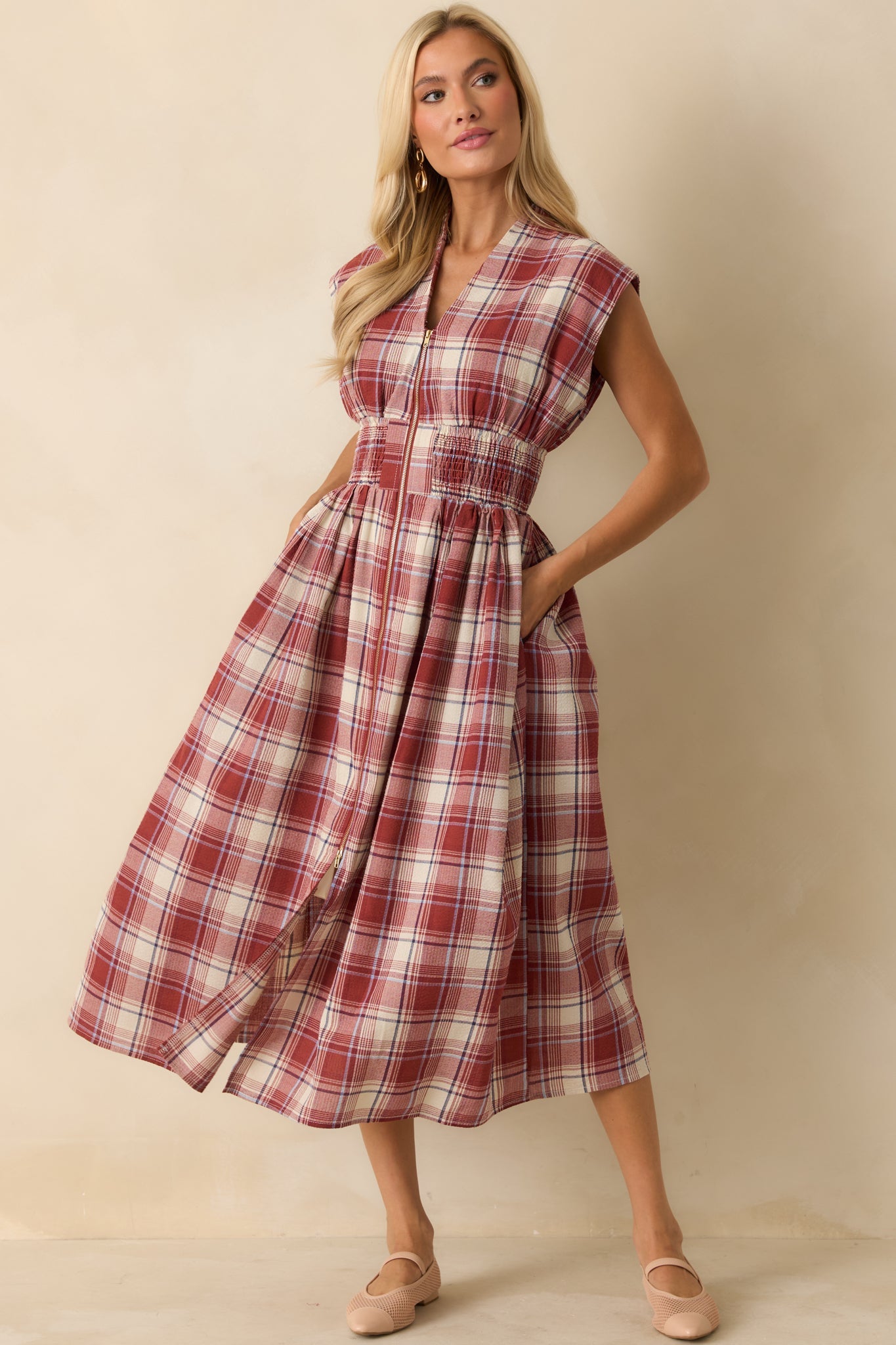 The Evette Red Tartan Plaid Cotton Zip Front Midi Dress