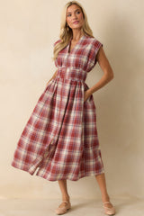 The Evette Red Tartan Plaid Cotton Zip Front Midi Dress
