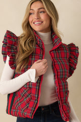 Here for the Cheer Red Plaid Ruffle Puffer Vest