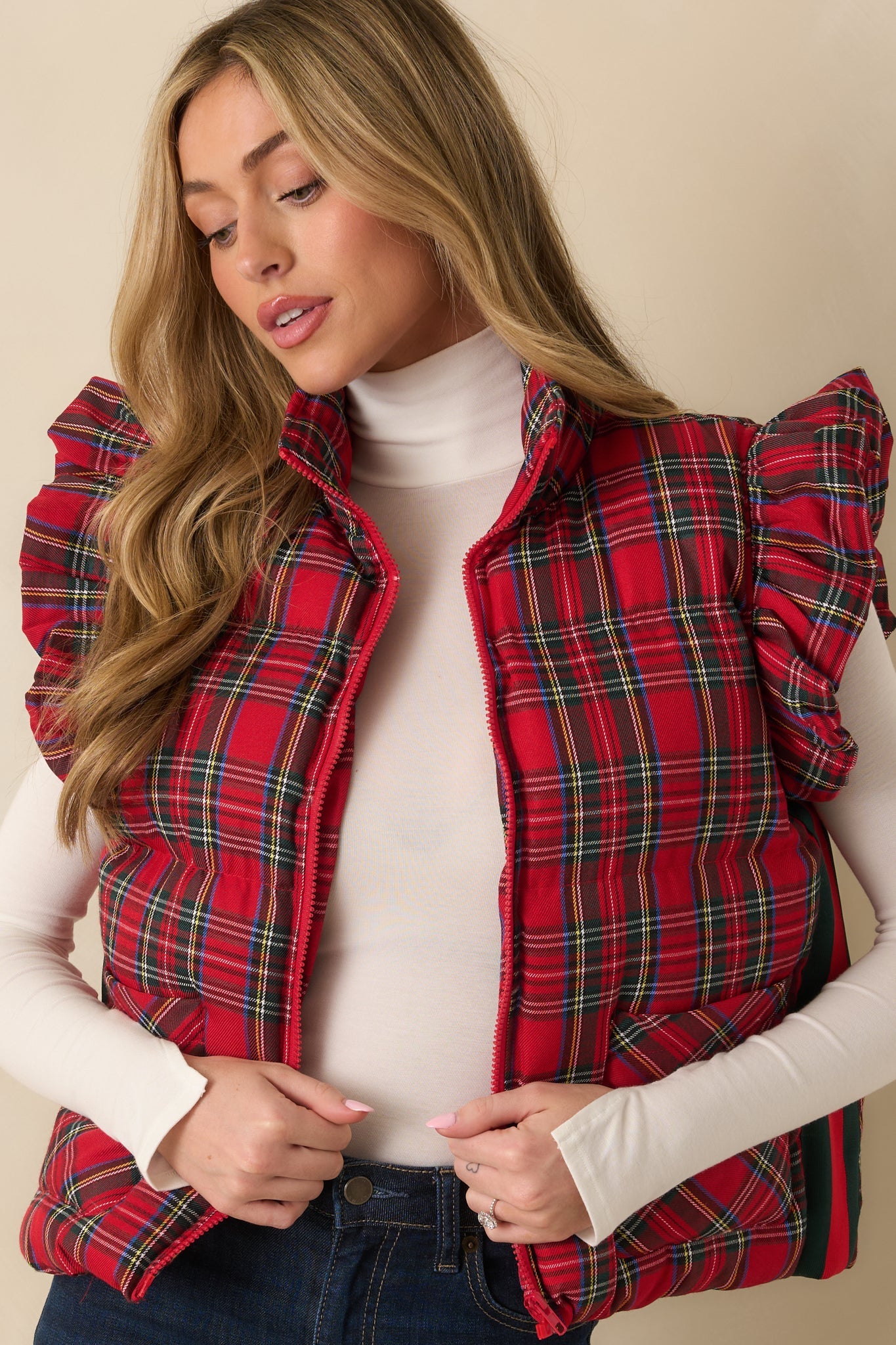 Here for the Cheer Red Plaid Ruffle Puffer Vest