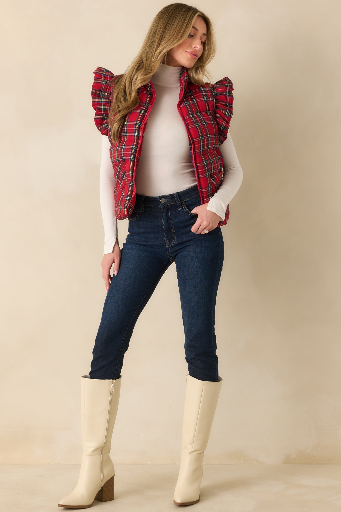 Here for the Cheer Red Plaid Ruffle Puffer Vest