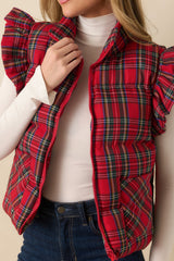 Here for the Cheer Red Plaid Ruffle Puffer Vest