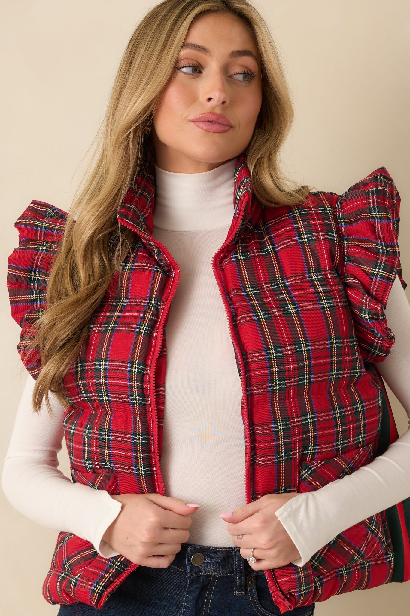 Here for the Cheer Red Plaid Ruffle Puffer Vest