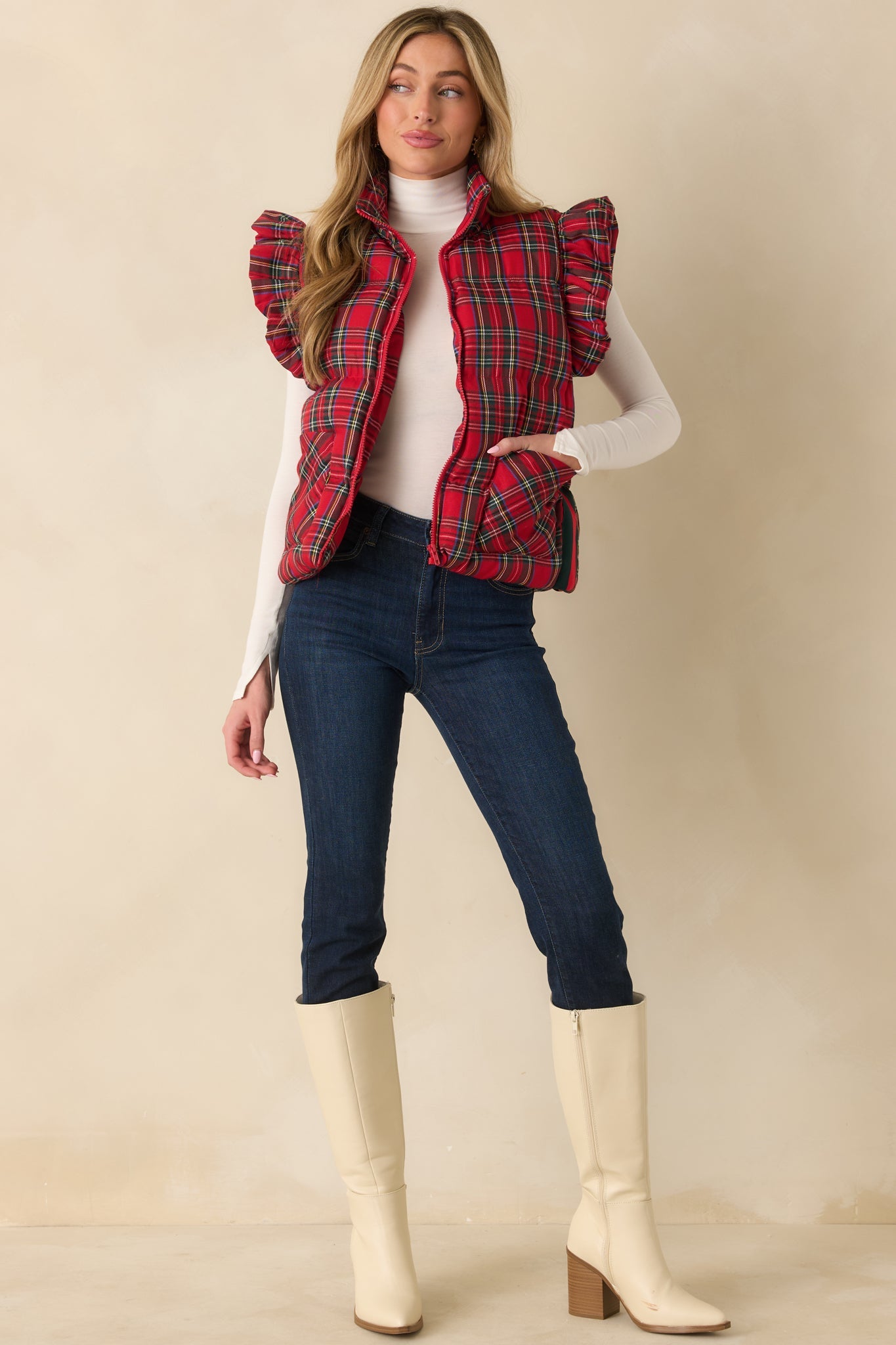 Here for the Cheer Red Plaid Ruffle Puffer Vest