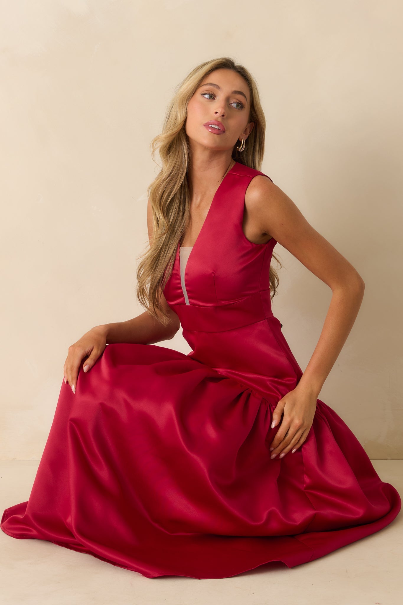 Never Out Of Reach Wine Red Satin Sleeveless Drop Waist Maxi Dress