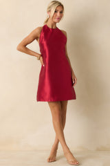 The Bold Type Red Satin Buckle Strap Halter Mini Dress