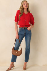 It's Always Right Red Short Sleeve Button Front Cardigan