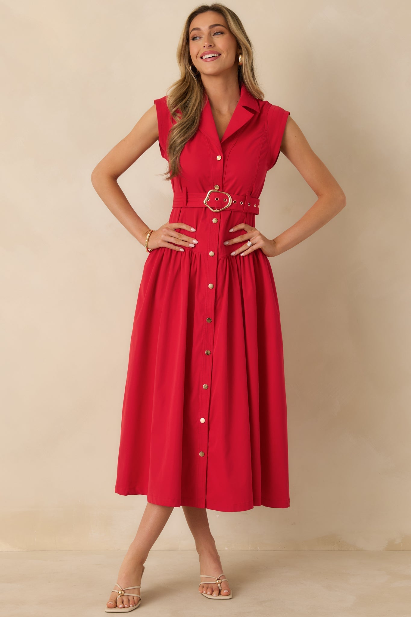 Just Right Moments Red Sleeveless Belted Maxi Shirt Dress