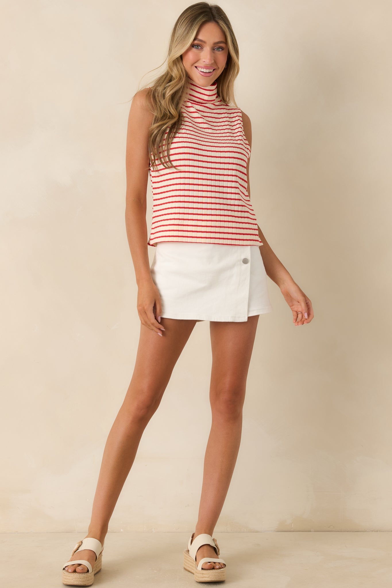 Keep It In Line Red Stripe Mockneck Sleeveless Top